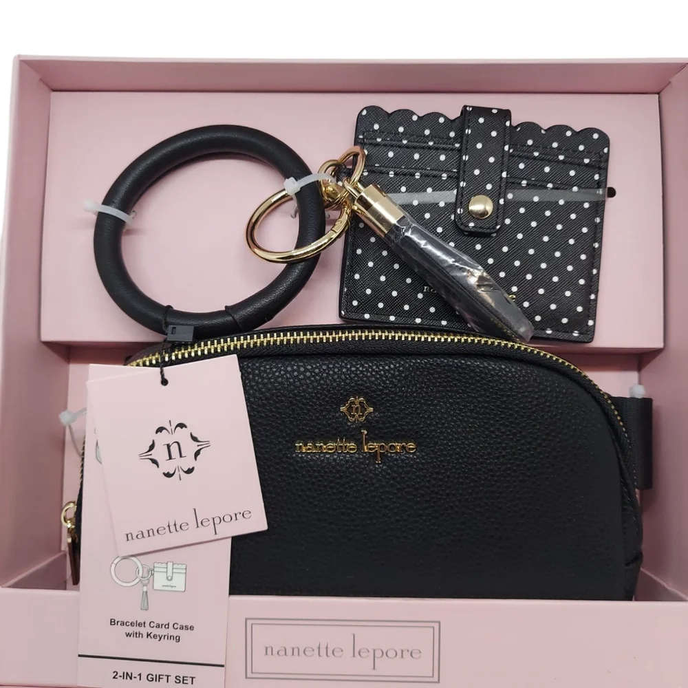 Nanette Lepore Black Belt Bag & Bracelet Card Case With Keyring Set NWT
